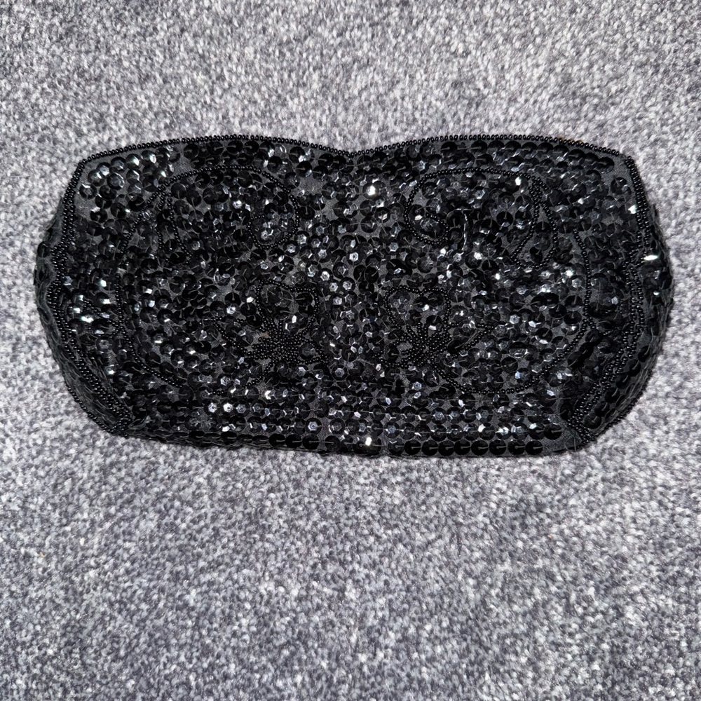 Vintage Handmade in Japan Black Sequin Clutch with Gold Zipper